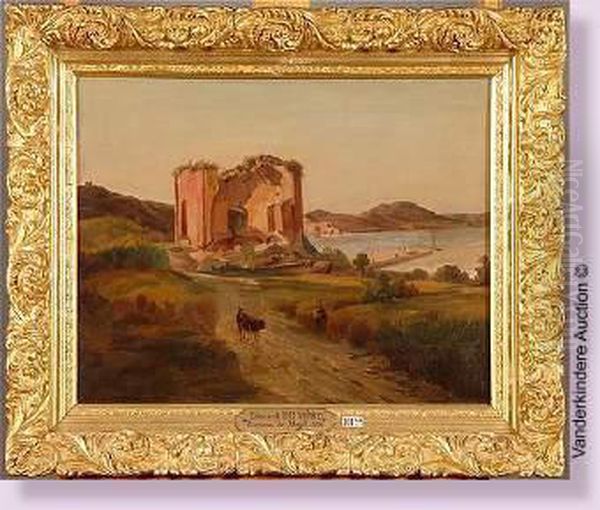 Ruines De Temple Animees A Baja, Pres De Pompei Oil Painting by Edouard De Vigne