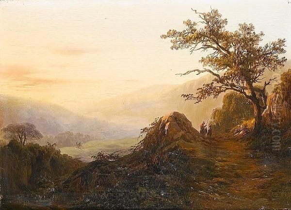 Drover With His Cattle On A Path In A Valley; Traveller With A Mule Oil Painting by Edouard De Vigne