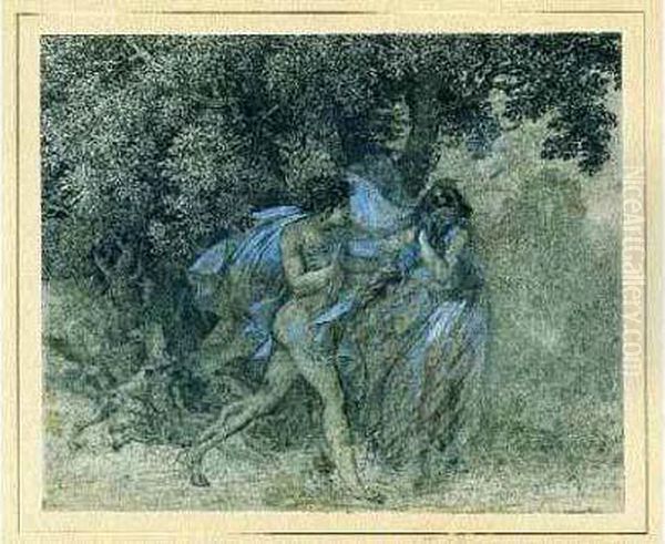 Tres Beau Dessin D'une Scene Mythologique, Par L'auteur Des Poemes
 Antiques Et Modernes. Dans Un Paysage Sylvain, Une Jeune Femme Aux
 Draperies Voletantes Se Detourne, En Se Cachant Le Visage, Du
 Chasseur Divin Et Amoureux Qui La Poursuit, Et Qui A Pri Oil Painting by Alfred De Vigny