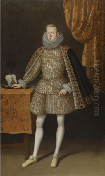 Portrait Of Philip Iv Of Spain (1605 - 1665), Full-length, Standing Beside A Table Before A Partly Draped Curtain Oil Painting by Rodrigo de Villandrando