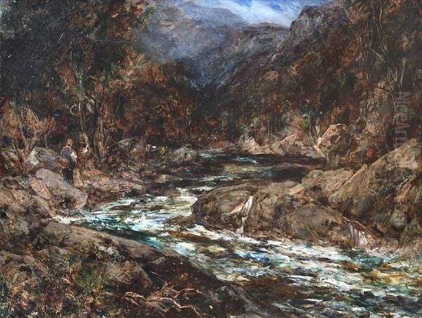 On The Lledr, North Wales Oil Painting by Joseph Vickers De Ville