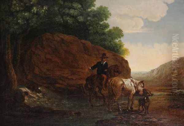 Bergachtig Landschap Met Ruiter, Paard En Hond. Doek. Getekend ````j.villers````. Oil Painting by Jacob De Villeers