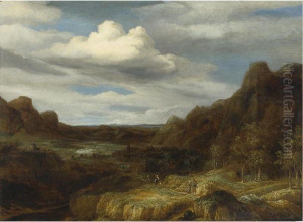 Mountainous Landscape With Figures On A Road Oil Painting by Jacob De Villeers