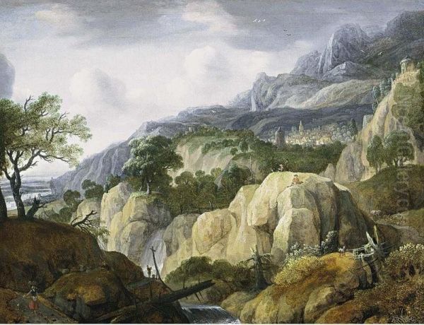 A Mountainous Landscape With Travellers On A Path Near A Waterfall And A Draughtsman On A Rock, A Town Beyond. Oil Painting by Jacob De Villeers