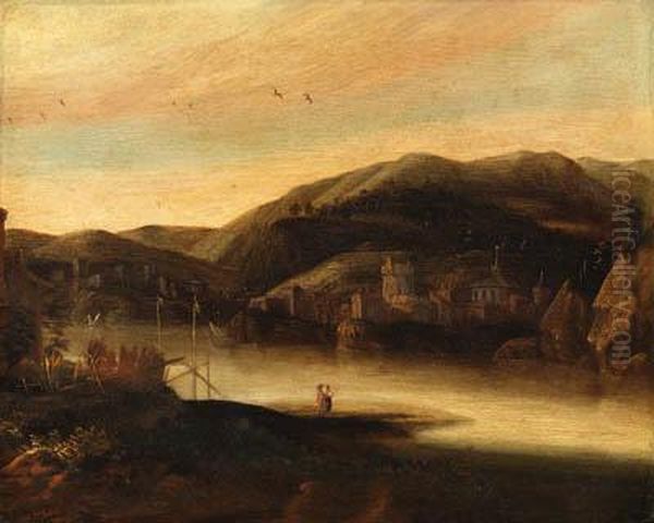 A River Landscape With Figures, A Town And Hills Beyond Oil Painting by Jacob De Villeers