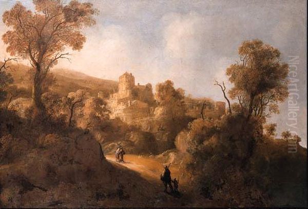 Travellers On A Path In A Mountainous Landscape, A Fortified Townin The Distance Oil Painting by Jacob De Villeers