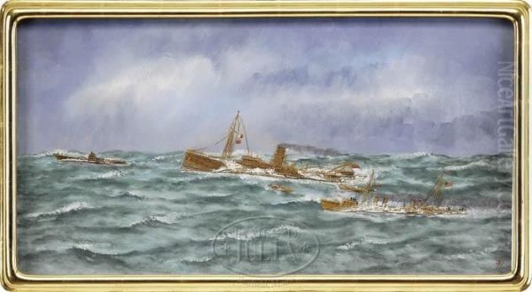 Battle On The High Seas Oil Painting by Thomas Jules, Baron De Vincotte