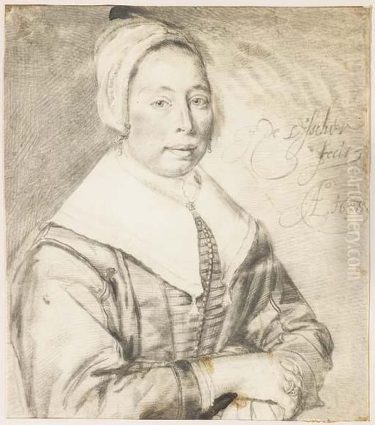 Portrait D'une Femme En Buste Portant Une Coiffe, Les Mainscroisees Oil Painting by Cornelis De Visscher