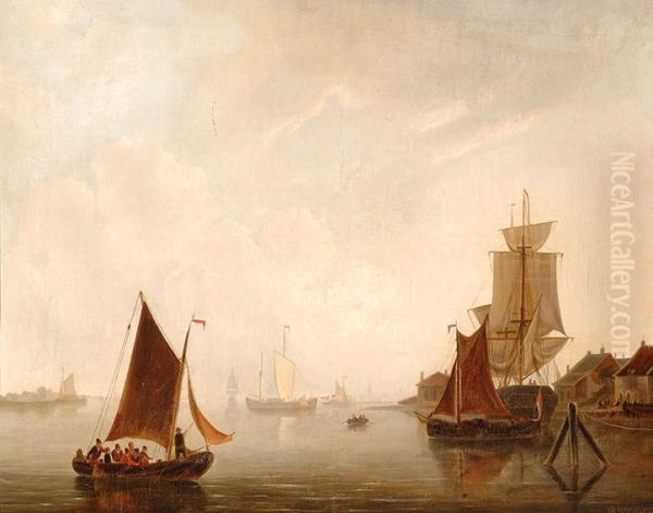 Sailing Ships By A River Mouth Oil Painting by Adrianus De Visser