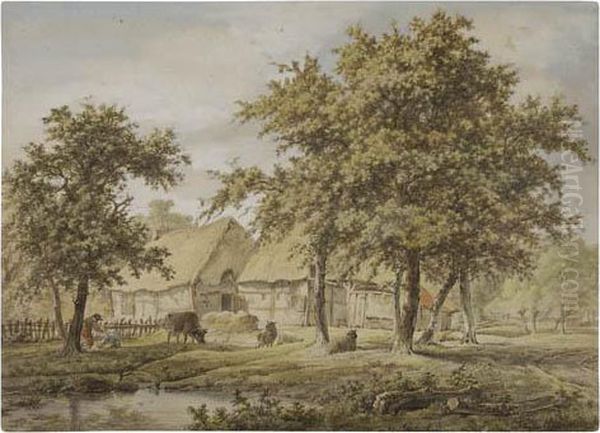 Landscape With A Farmhouse Oil Painting by Adrianus De Visser