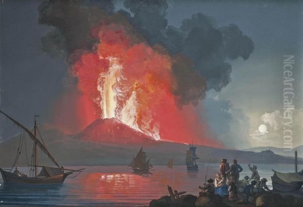 Figures Watching Vesuvius Erupt By Night Oil Painting by Camillo da Vito