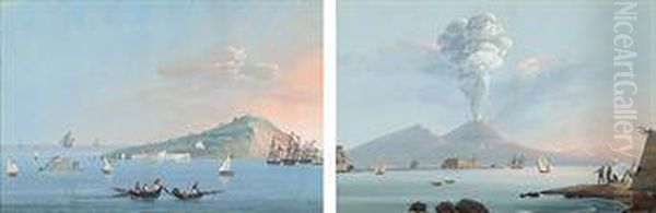 Fishing Off The Neapolitan Coast; And Vesuvius Erupting Oil Painting by Camillo da Vito