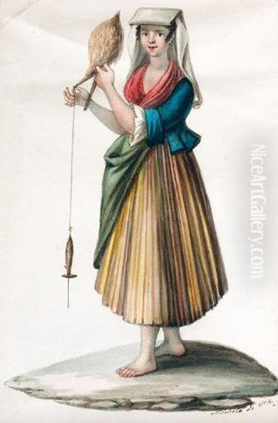 Woman In Regional Costume Spinning Oil Painting by Michele De Vito