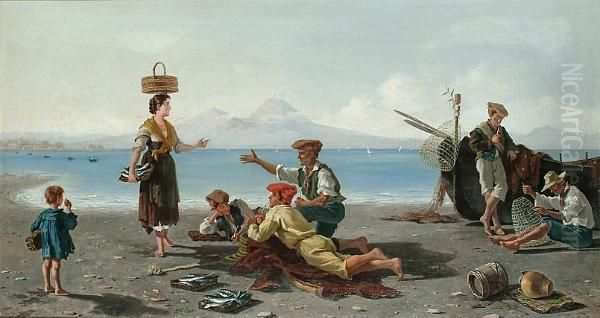 Fisherfolk By The Shore Of The Bay Of Naples, Vesuvius In The Distance Oil Painting by Figlio De Vivo