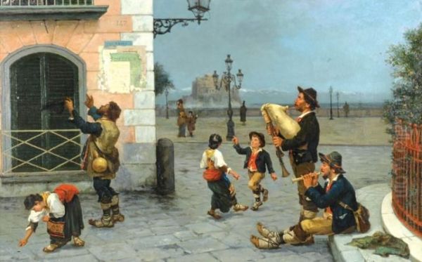 A Musical Offering (street Corner In Italy) Oil Painting by Tommaso De Vivo