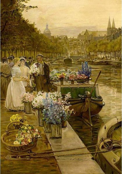 Flower Market, Amsterdam Oil Painting by Samuel De Vletter