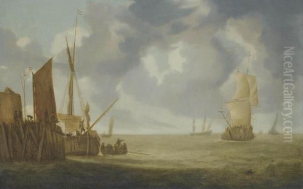 Shipping In A Breeze, A Man-o'-war And Other Shipping Beyond Oil Painting by Simon De Vlieger