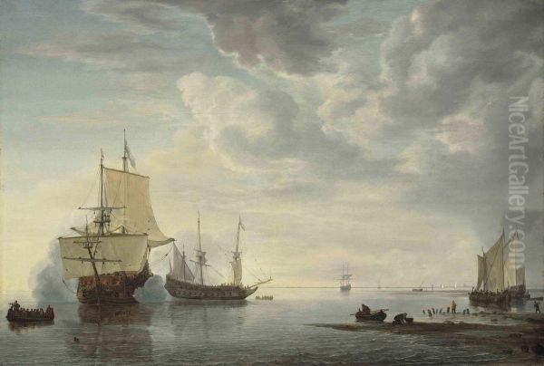 Dutch Frigates Exchanging Salutes In A Calm, With Yachts, A Rowingboat, A Sloop Carrying Personnel, And Fishermen On The Shore With Initials Oil Painting by Simon De Vlieger