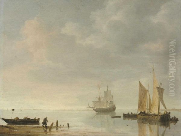 Coastal Scene With Ships Resting On Calm Waters Oil Painting by Simon De Vlieger