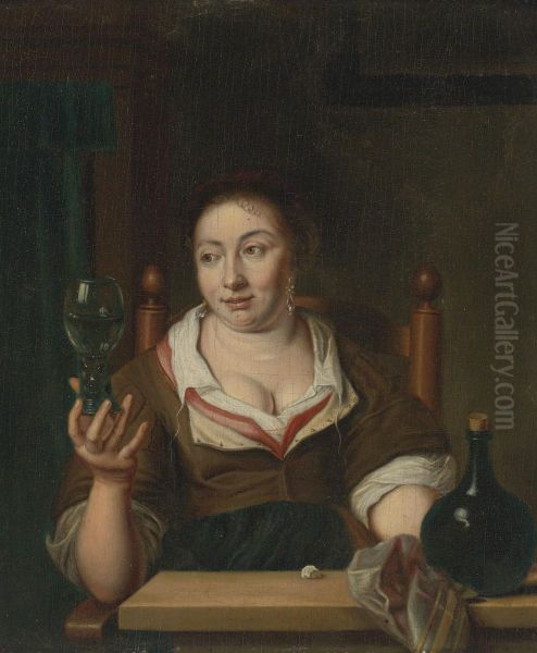 Young Woman Holding A Glass Of Wine Oil Painting by Arie de Vois