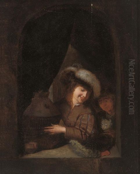 Two Boys With A Cat And Birdcage At A Casement Oil Painting by Arie de Vois