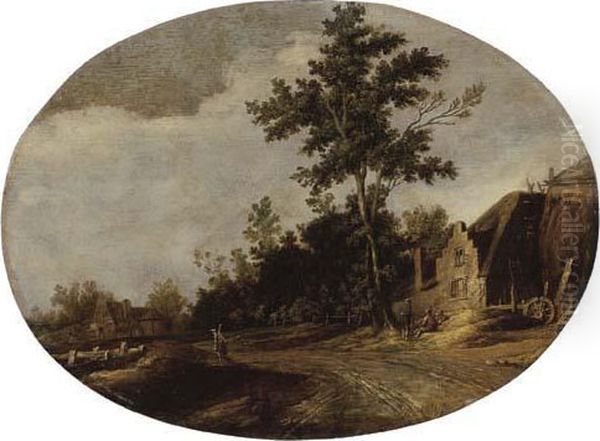 A Wooded Landscape With A Sportsman On A Path And Figuresconversing By A Farm Oil Painting by Joost de Volder