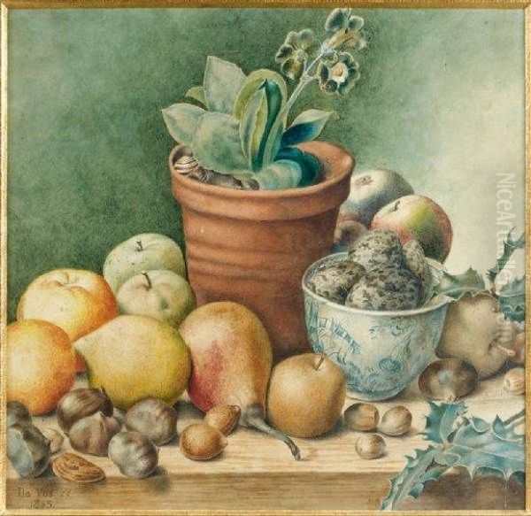 Nature Morte Aux Fruits Et Pot De Primeveres Oil Painting by Jan Jacobusz De Vos