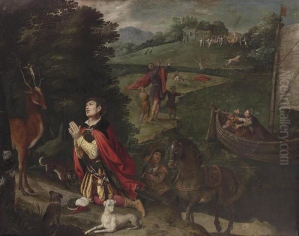 And Studio The Vision Of Saint Eustace Oil Painting by Maarten de Vos