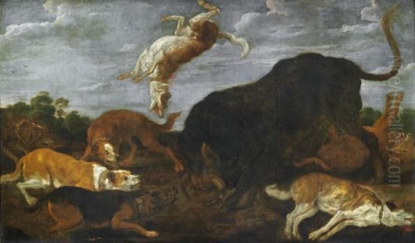 Hounds Attacking A Bull Oil Painting by Paul de Vos