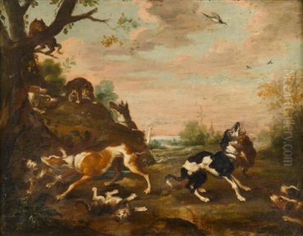 Dogs And Cats Fighting In A Landscape Oil Painting by Paul de Vos