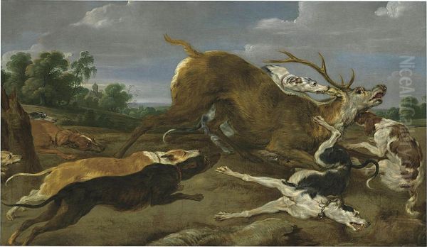 Dogs Bringing Down A Stag Oil Painting by Paul de Vos