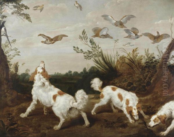 And Studio Three Springer Spaniels On The Hunt For Partridges Oil Painting by Paul de Vos