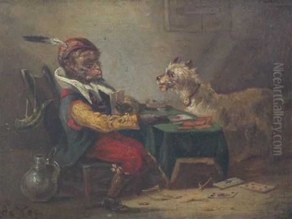 Monkeys And Dogs Playing Cards Oil Painting by Vincent de Vos