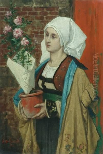 Femme Portant Un Rosier Oil Painting by Albrecht De Vriendt