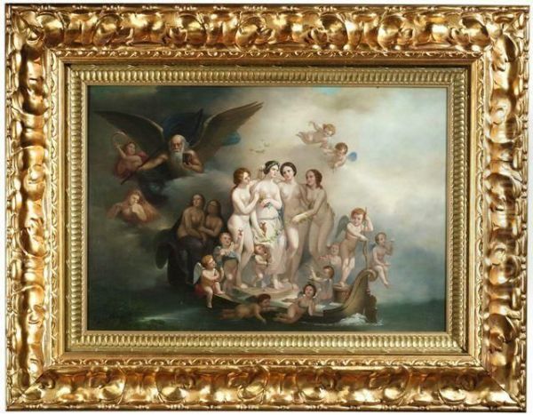 Venus Mit Den Drei Grazien Und Zahlreichen Putti In Einem Nachen, Von Kronos Begleitet Oil Painting by Julien Vriendt