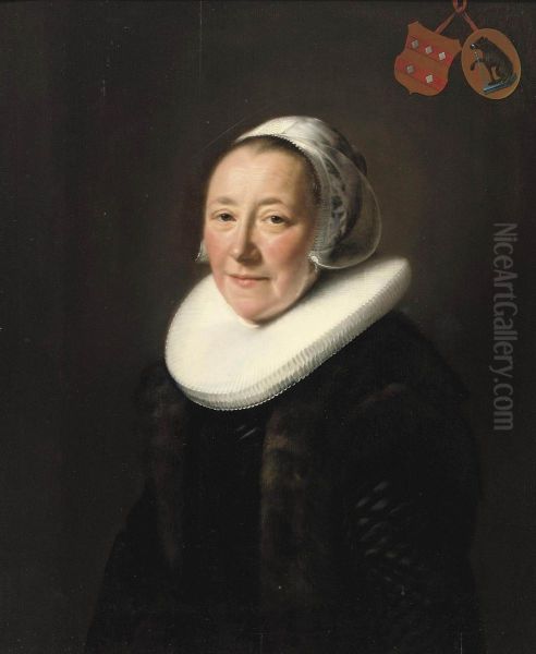 Portrait Of An Elegant Lady, Half-lenght, Said To Be Erminia Vanberesteyn , In A Black Dress With Fur Jacket, A'molensteen Kraag' And White Headdress With The Coat Of Arms Of The Gael And Beresteyn Family Oil Painting by Abraham de Vries