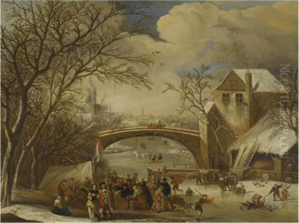 A Winter Scene With Villagers Skating And Conversing On A Frozencanal Outside A Village Oil Painting by Abraham de Vries