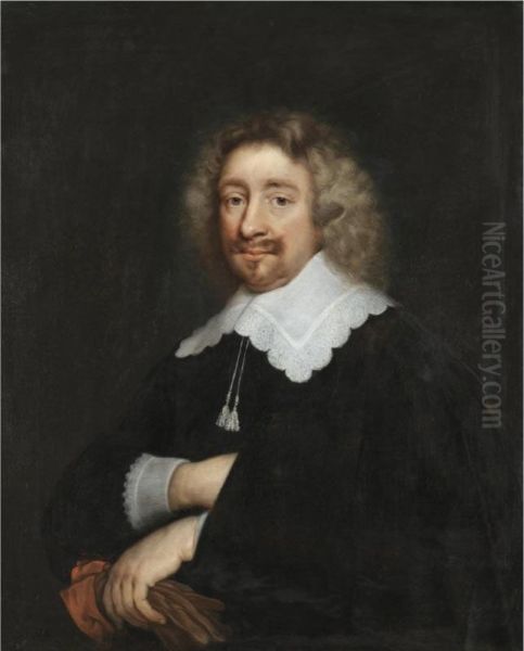 Portrait Of A Man, Half Length, Wearing A Black Tunic With Embroidered Collar And Cuffs, Holding A Pair Of Gloves Oil Painting by Abraham de Vries