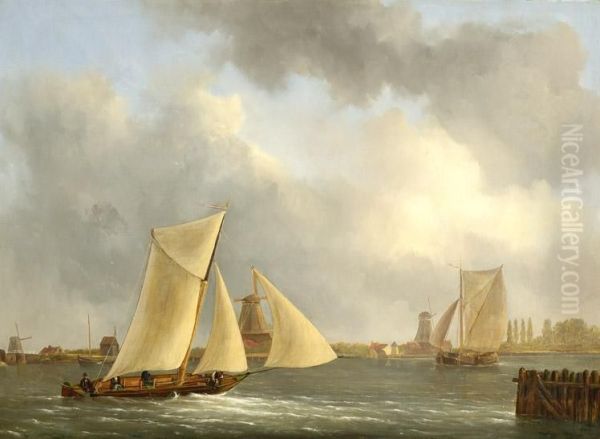 Boats On A River Oil Painting by Emanuel De Vries