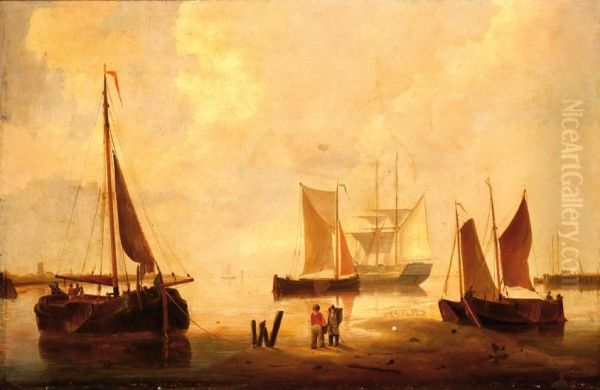 Moored Ships With Several Figures On The Beach Oil Painting by Emanuel De Vries