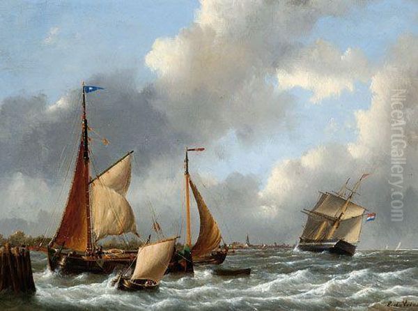 Ships On An Estuary Oil Painting by Emanuel De Vries