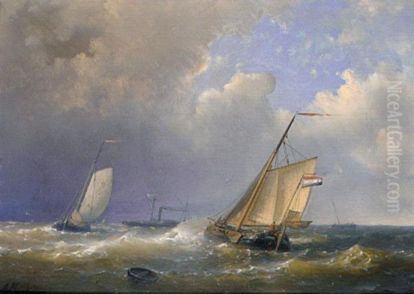 Ships Sailing Off The Dutch Coast Oil Painting by Emanuel De Vries