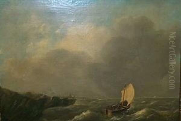 Seestuck. Auf Bewegter See Vor Der Kuste Boot. Signiert De Vries Oil Painting by Emanuel De Vries