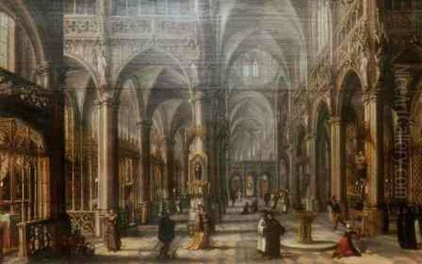 Interior Of A Gothic Cathedral With Figures Oil Painting by Hans Vredeman de Vries