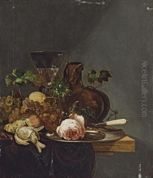 Roses, Grapes, Dead Birds And A Glass, On A Ledge Oil Painting by M. De Vries