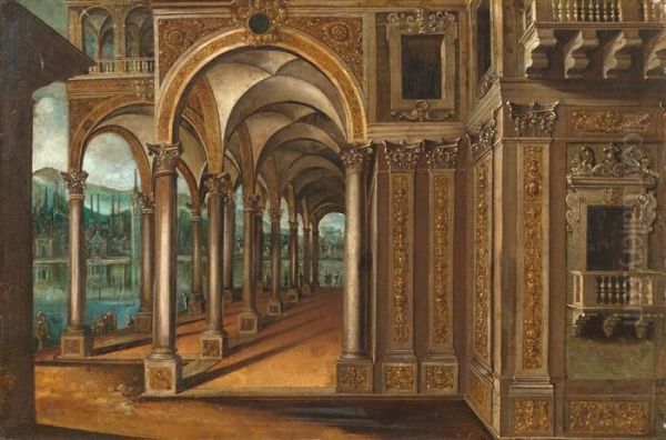 Palace Architecture With Figures. Oil Painting by Paul Vredeman de Vries