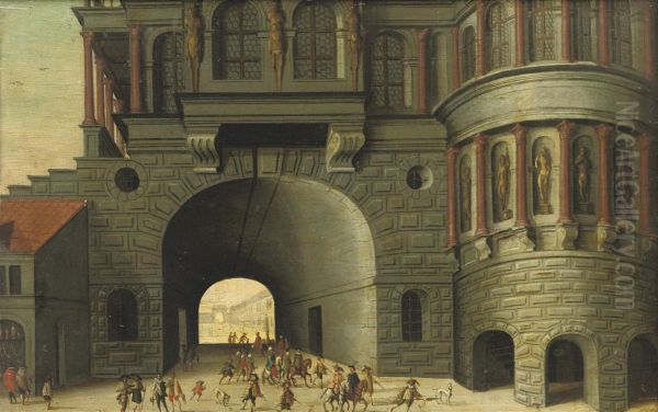 An Architectural 'capriccio' With Figures Passing Through Anarchway Oil Painting by Paul Vredeman de Vries