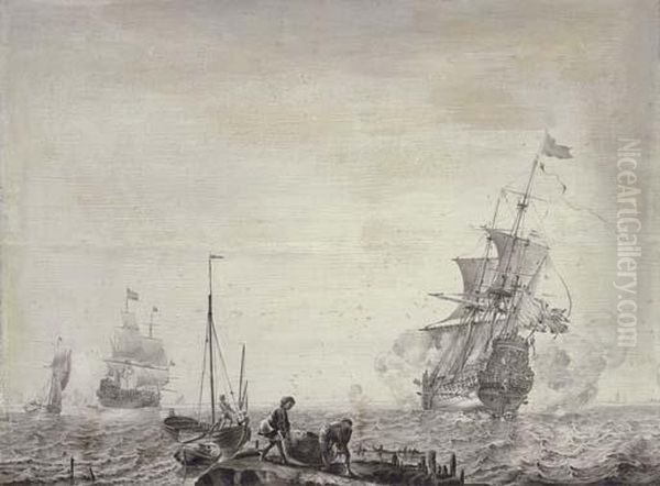 Men-o'-war And Other Vessels In A Stiff Breeze Before A Coast Oil Painting by Olfert De Vrij