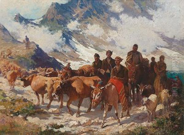 Driving Cattle Onto The Mountain Pastures Oil Painting by Felix Dominique De Vuillefroy