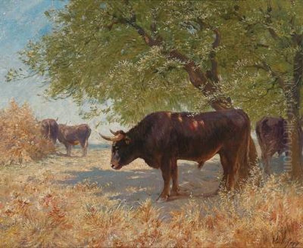 Landscape With Water Buffalo Oil Painting by Felix Dominique De Vuillefroy